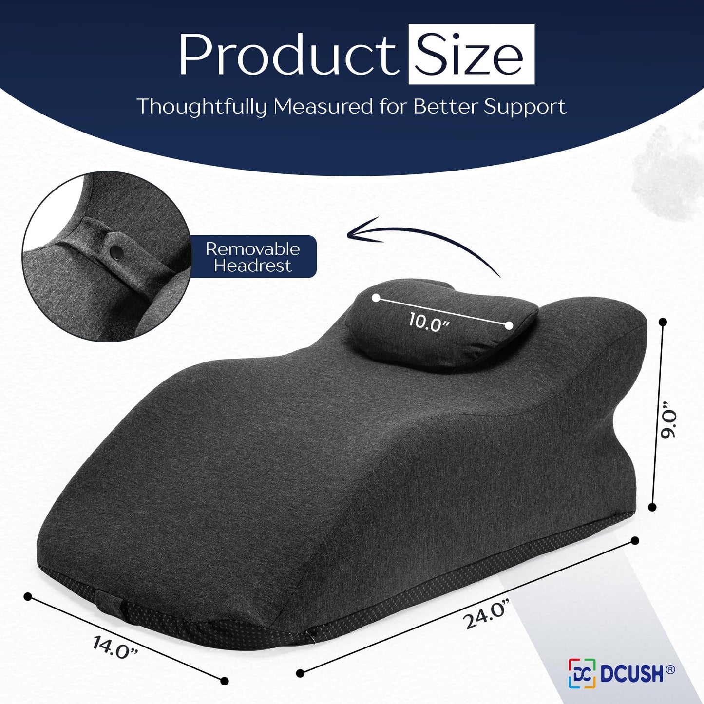 DCUSH Ergonomic Contoured Memory Foam Pillow with Removable Headrest, 27° Angled Support for Neck and Waist, Massages, Reading, Relaxing & Leg Elevation, Removable Washable Cover