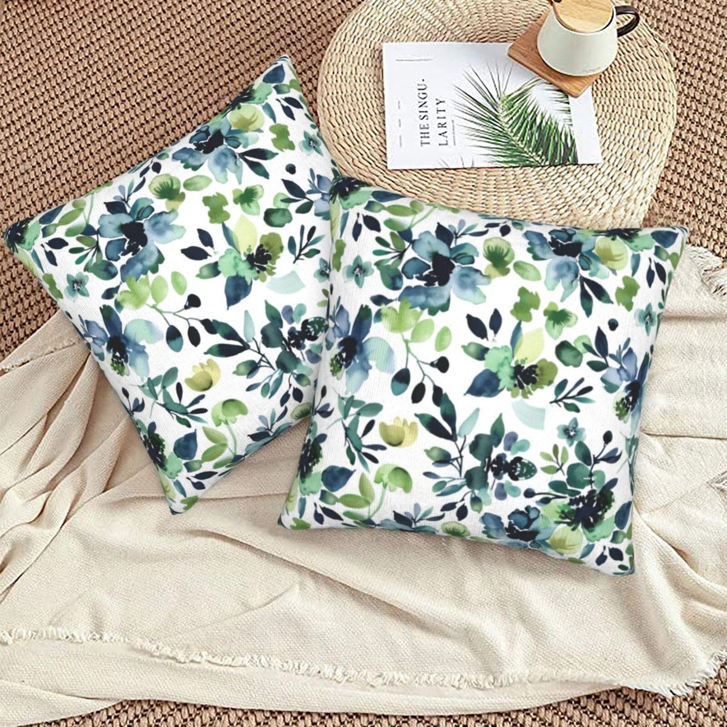 NOIRDAREL Spring Floral Pillow Covers 18x18 Inch Set of 2 Watercolor Sage Green Blue Flower Throw Pillow Cover Summer Floral Square Pillowcase Cushion Cases for Home Couch Bed Sofa