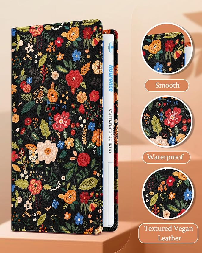Slohif Car Registration and Insurance Card Holder - Blossom Vehicle Glove Box Organizer Women with Magnetic Shut Leather Automobile License Holders Coasters Auto Accessories Case for Document