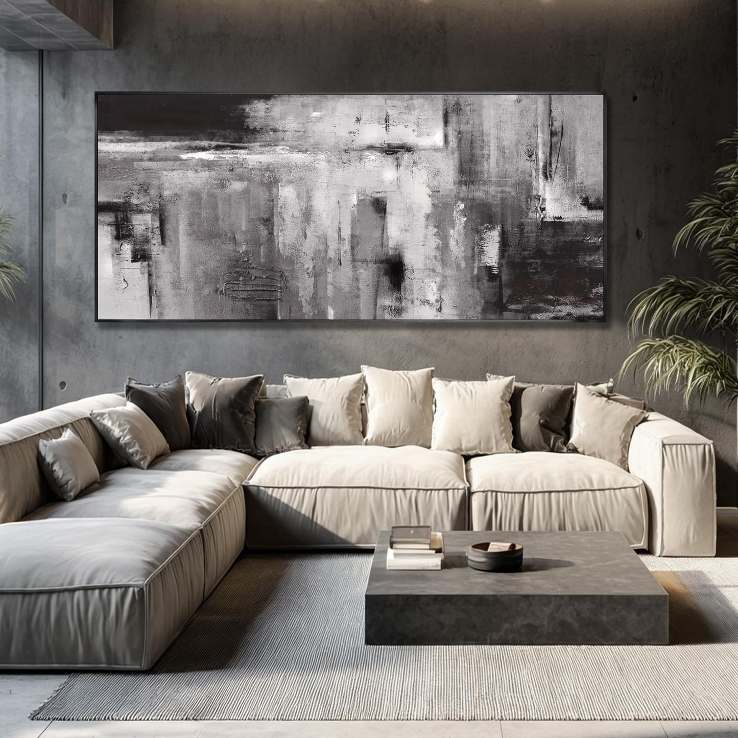 Large Framed Black and Grey Wall Art for Living Room,Neutral Abstract Canvas Wall Decor Modern Canvas Prints for Bedroom Office 32"x70"