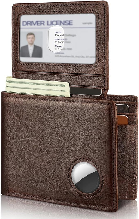Mens Wallet With AirTag Holder, Bifold Leather RFID Blocking 1-2 ID Windows 12-13 Card Holders, Gift Box and Screen Protector Included, AirTag Not Included