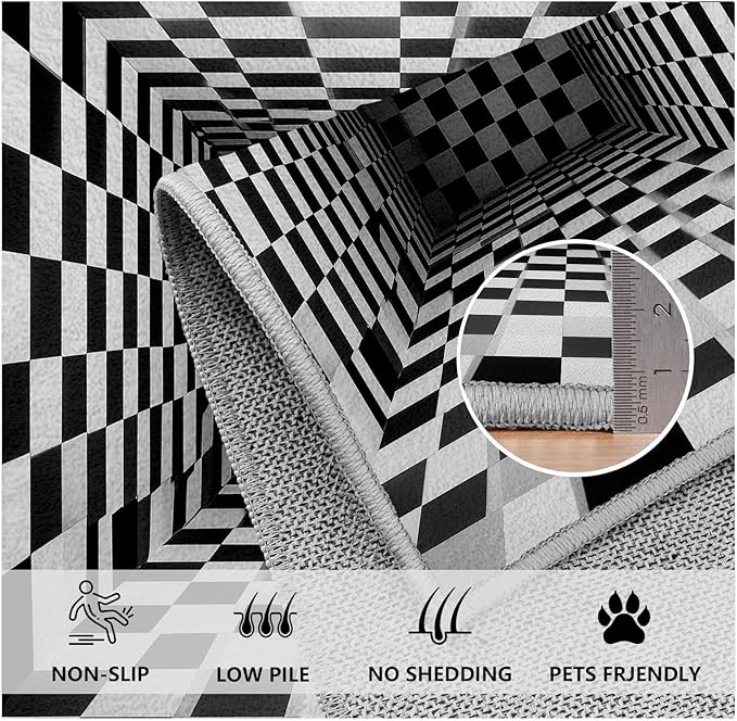 Optical Illusion Rug - Black and White Rug for Living Room, Soft Ultra Soft Faux Wool 8x10 Area Rugs Floor Mats, Non Slip&Non-Shedding Low Pile Checkered Washable Rugs, Abstract Geometric Carpet