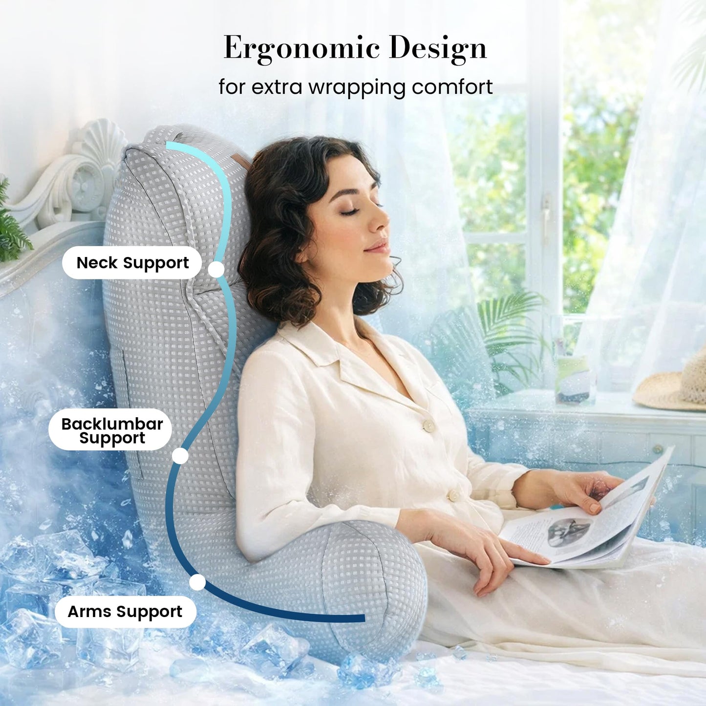 Amélie Home Cooling Reading Pillow with Arms for Adults, Breathable Waffle Fabric Bed Rest Pillow for Sitting Up, Ergonomic Back Support with Pockets for Gaming Relaxing, Cooling Gray, 25 Inches