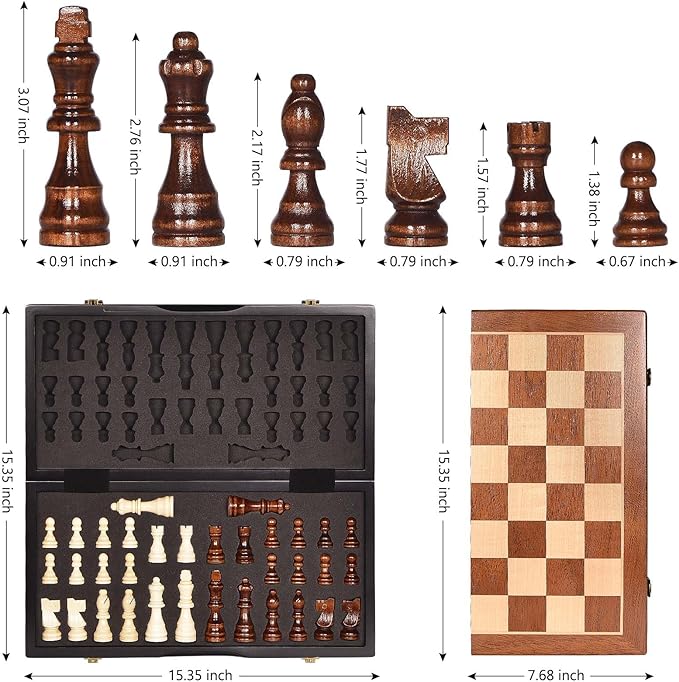 Chess Magnetic Wooden Chess Set 15" Unique Chess Board Game with Chess Pieces Storage Slots, Tournament Portable Folding Travel Chess Sets for Kids Adults Beginner and Pros, 2 Extra Queens