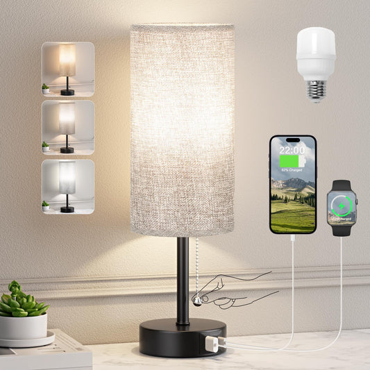 Grey Bedside Lamp for Bedroom Nightstand - Small Table Lamp with USB A + C Charging Port, 3 Color Temperatures Pull Chain Night Stand Light for Kid, Side Table Reading Lamp - Dorm Room Essentials