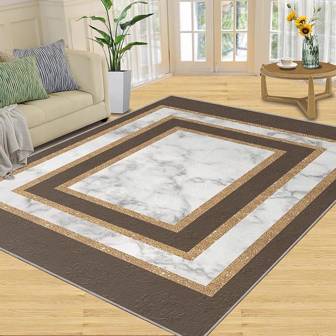 Marble Texture Area Rugs Rectangular Geometric Rug Gray White Marble Carpet Luxury Rug with Gold Accents Modern Minimalist Geometric Rugs for Bedroom Living Room 6x8ft