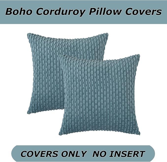 Kevin Textile Throw Pillow Covers Soft Corduroy Decorative Set of 2 Boho Striped Pillow Covers Pillowcases Farmhouse Home Decor for Couch Bed Sofa Living Room 26x26 Inch Blue Grey