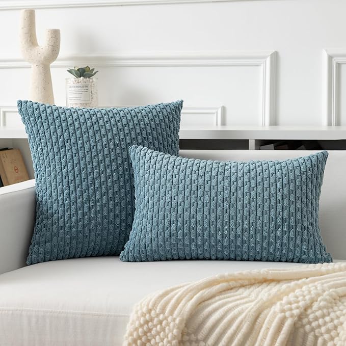 Kevin Textile Throw Pillow Covers Soft Corduroy Decorative Set of 2 Boho Striped Pillow Covers Pillowcases Farmhouse Home Decor for Couch Bed Sofa Living Room 26x26 Inch Blue Grey