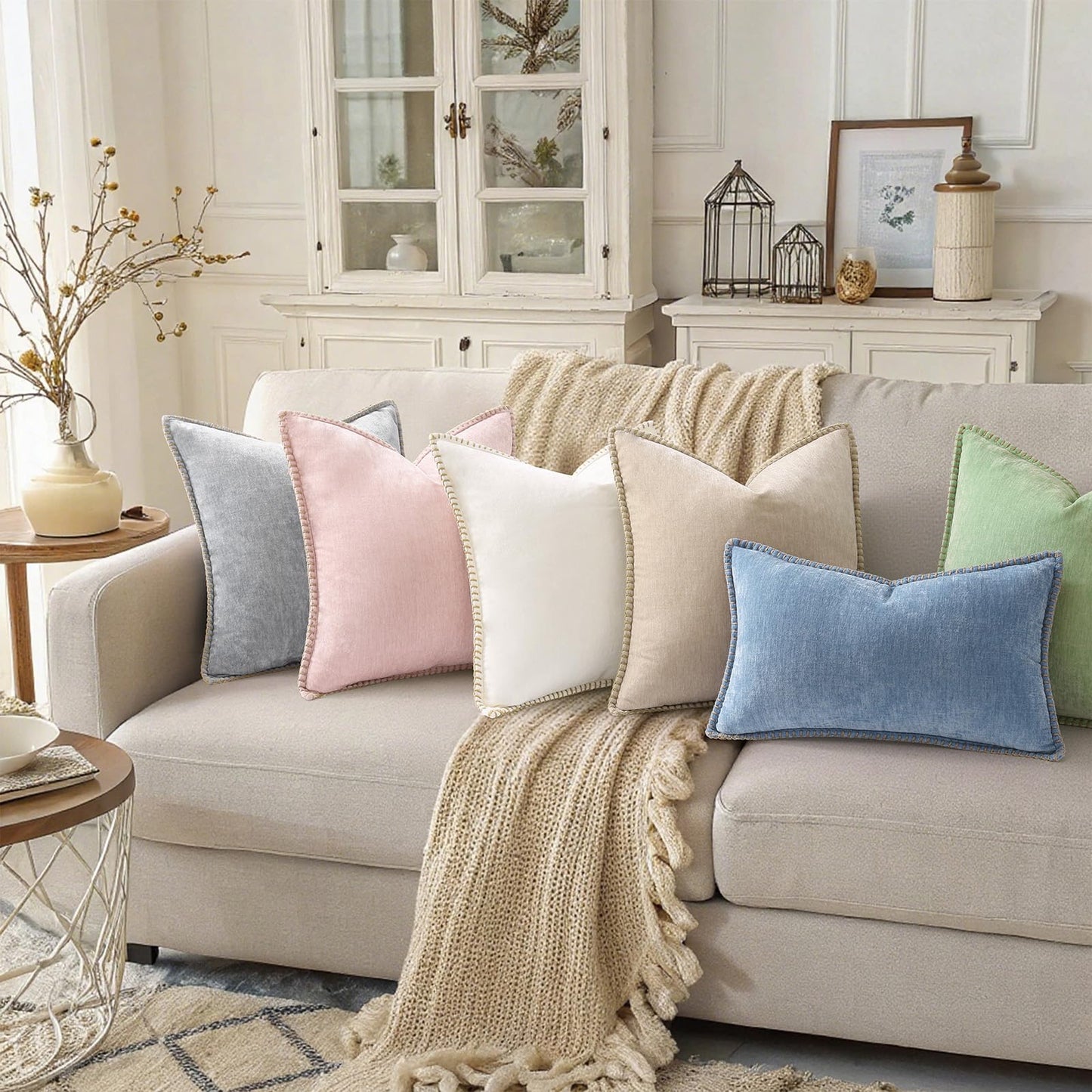 decorUhome Chenille Soft Cozy Throw Pillow Covers 18x18 Set of 2, Modern Farmhouse Boho Velvet Decorative Pillow Cases with Stitched Edge for Couch Sofa Bed Home Decor, Neutral Gray