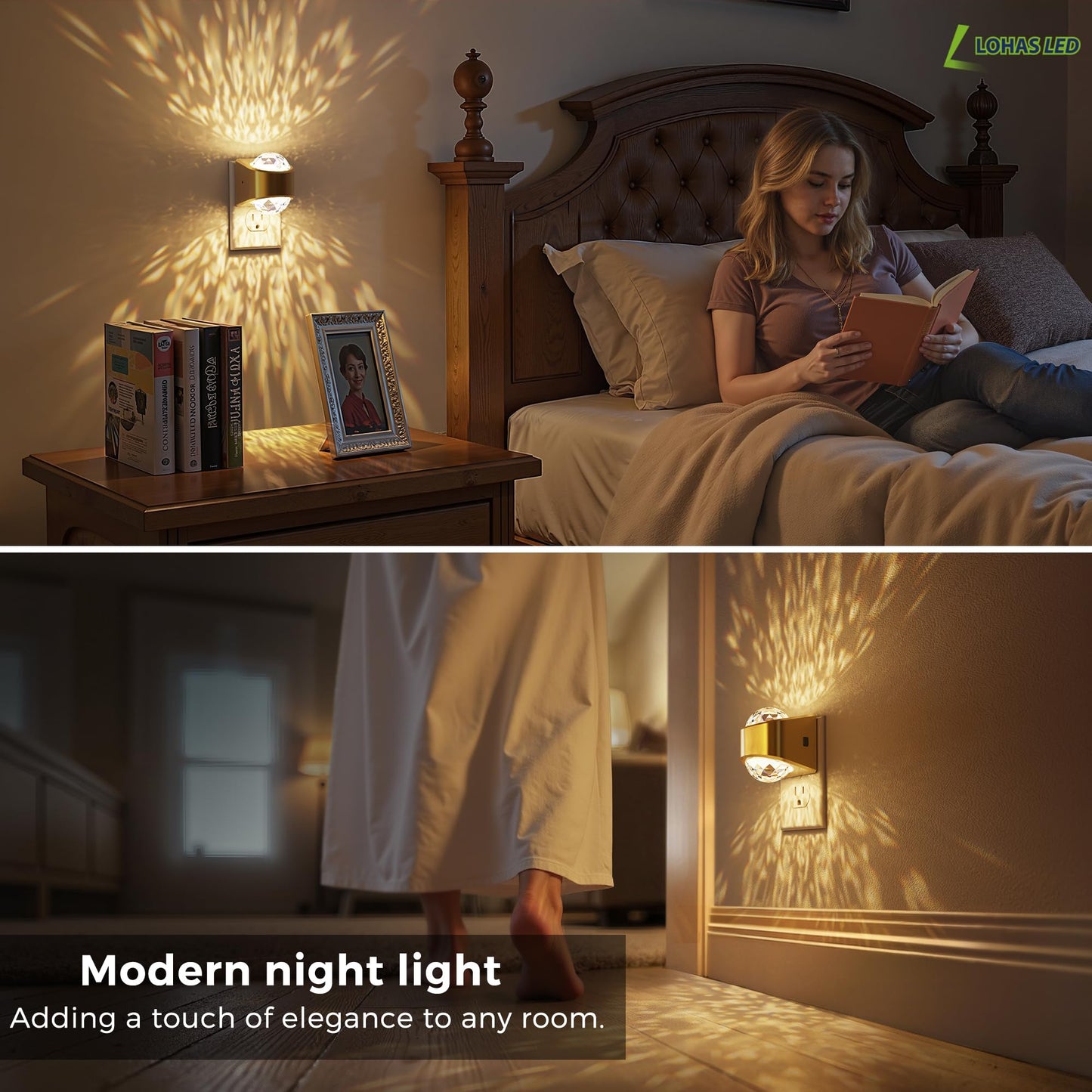 L LOHAS LED Projector Night Light,[2-Pack] Night Lights Plug into Wall,Dusk to Dawn Sensor,3000K Soft White,Brightness Adjustable,Projector Nightlight for Bathroom Bedroom Hallway