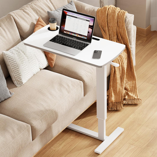 Hovadova Foldable Overbed Table with Wheels, Pneumatic Adjustable Overbed Bedside Table, Mobile Standing Desk, Hospital Bed Tables Over The Bed, Rolling Laptop Desk with Casters for Home Office