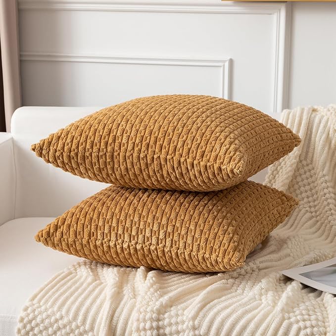 Kevin Textile Throw Pillow Covers Soft Corduroy Decorative Set of 2 Boho Striped Pillow Covers Pillowcases Farmhouse Home Decor for Couch Bed Sofa Living Room 20x20 Inch Gold