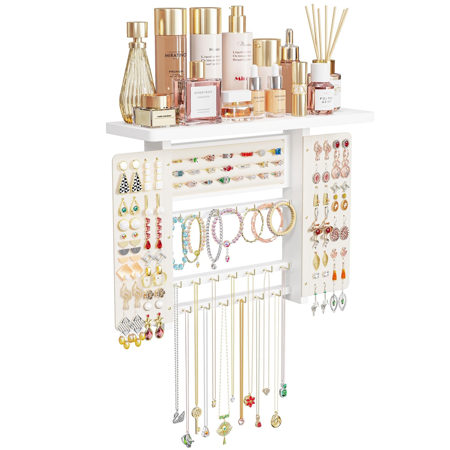 Emfogo Jewelry Organizer Hanging Wall Mounted Jewelry Holder, 5-in-1 Large Capacity Necklace Organizer Wall Hanging Jewelry Display for Ring, Necklaces, Bracelets, Earrings (White)