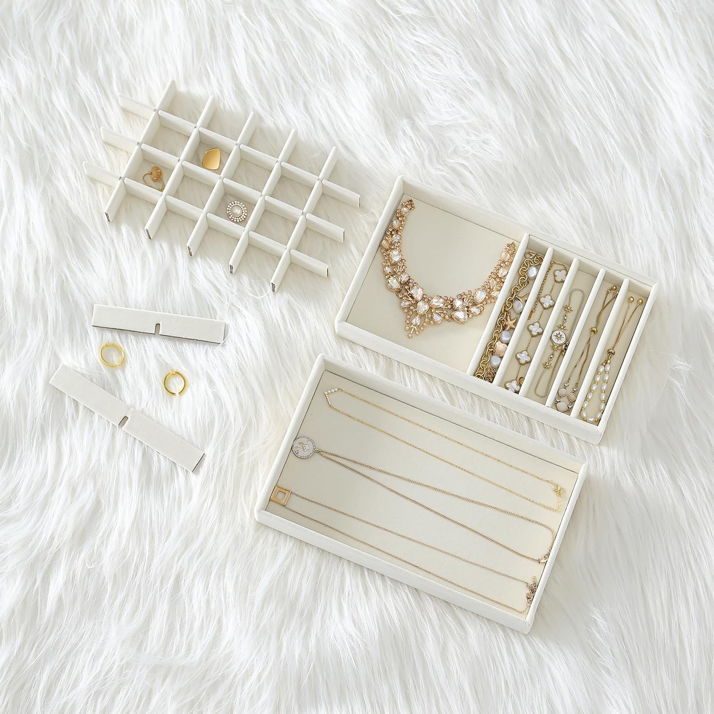 ProCase Stackable Jewelry Organizer Trays for Drawers, Jewelry Drawer Inserts Container Display Case Storage for Earring Necklace Rings Bracelet with Removable Dividers -Beige, 4 Layers