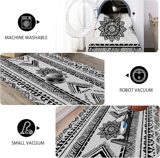 Area Rugs Moroccan for Living Room 3x5, Washable Non-Slip Boho Rug, Neutral Farmhouse Soft Carpet for Bedroom, Kitchen, Dining Room, Entryway, Geometric Print Tribal Carpets, Black and White