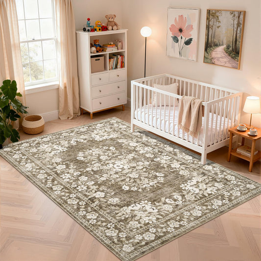 GarveeHome 5x7 Washable Rug for Bedroom Vintage Bordered Carpets Non-Slip Low Pile Botanical Accent Mats Vintage Flower Throw Floor Cover Floral Rugs for Living Room Dining Room Brown