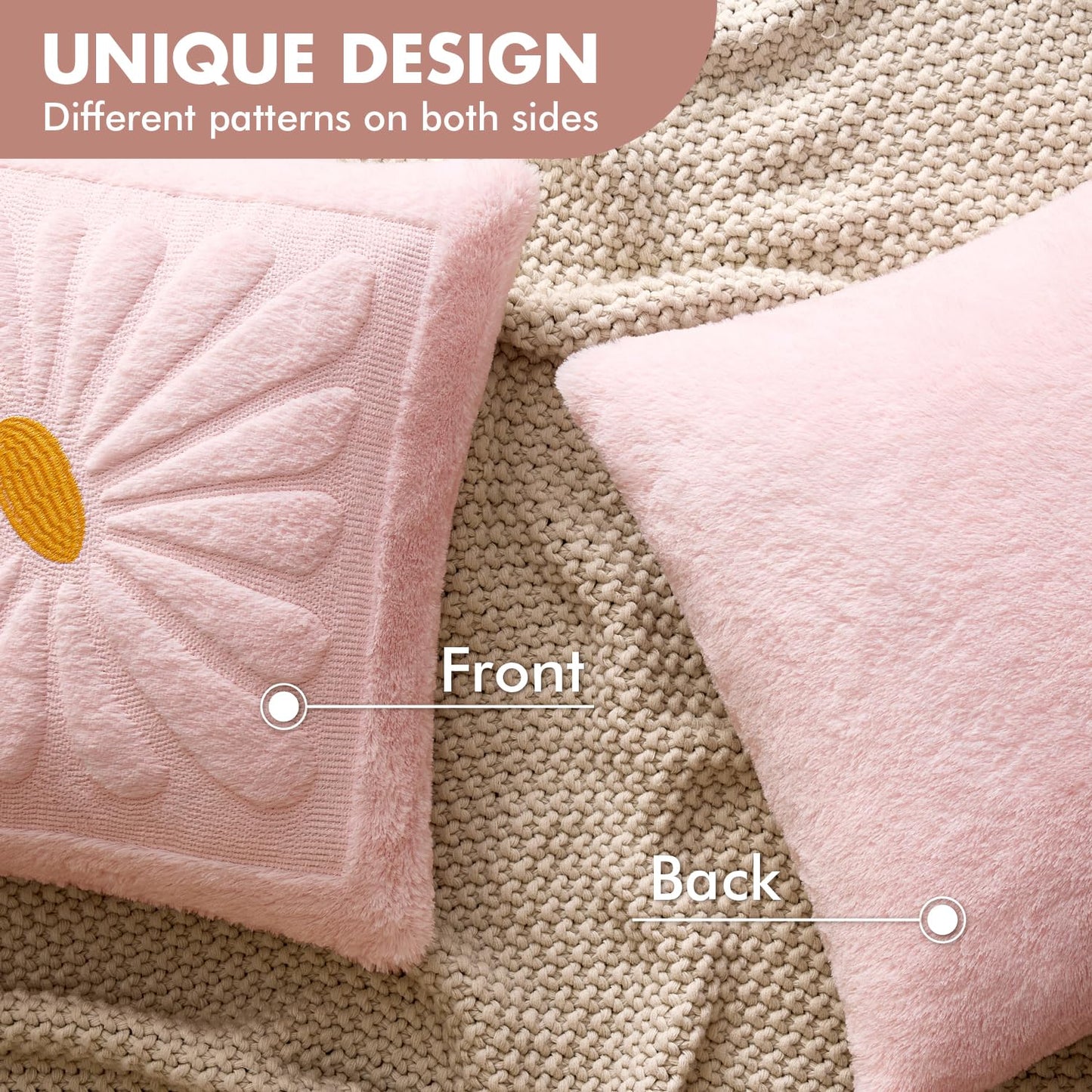 EMEMA Set of 2 Spring Summer Sunflower Floral Pillow Covers, Plush Faux Fur Decorative 18x18 Cushion Cases Adding a Soft, Bright Seasonal Accent to Sofa Couch Bed Modern Farmhouse Living Room, Pink