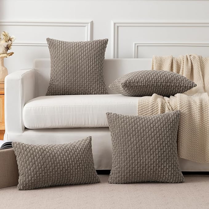 Kevin Textile Pack of 2 Corduroy Decorative Throw Pillow Covers 22x22 Inch Soft Boho Striped Pillow Covers Modern Farmhouse Home Decor for Spring Sofa Living Room Couch Bed Light Brown