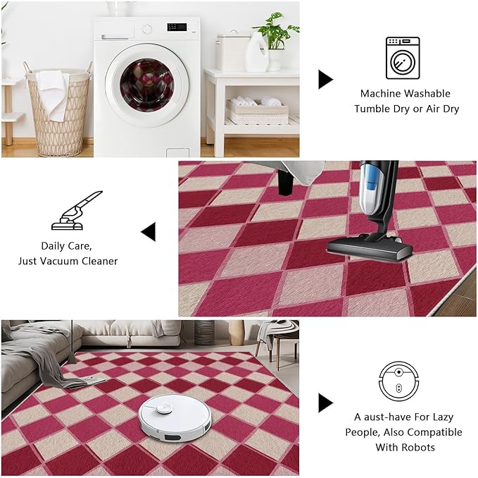 Plaid Rug, Soft Ultra Soft Faux Wool Rhombus Geometric Rugs, Indoor Floor Mats Carpet, Non Slip&Non-Shedding Low Pile Washable Rugs, Modern Red 5x7 Area Rug for Bedroom Home Decor