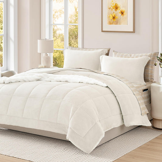 AMBERSPACE Plush Comforter Set Full Size Cream White, Flannel Velvet Comforter Sets 7 Pieces Bed in a Bag, Soft Warm Winter Bedding Set with Sheets, Pillowcases & Shams