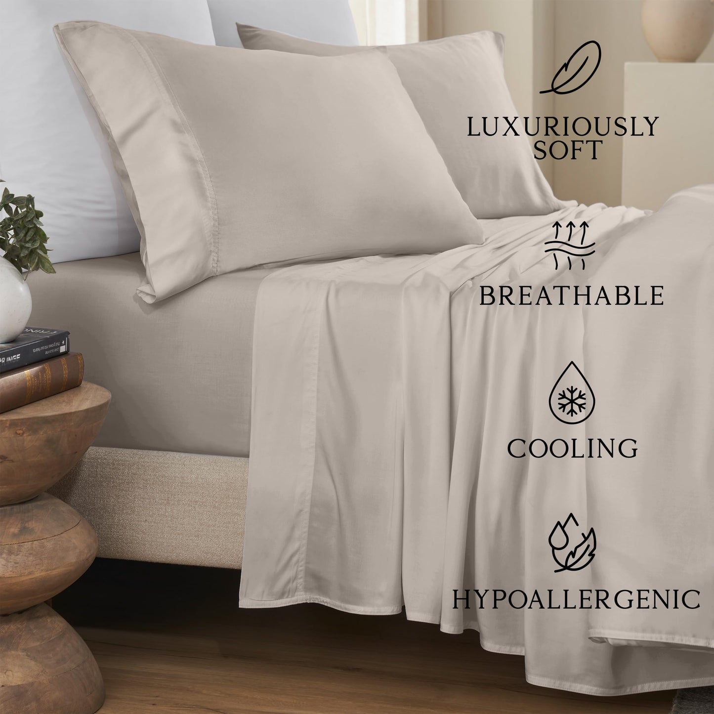 KARISSA MAE Luxury Bamboo Viscose Queen Size Sheet Set | 100% FSC Certified | Cooling | Luxuriously Soft | 18" Deep Pockets | with Organizer Band & Elastic Corner Straps [Dune]