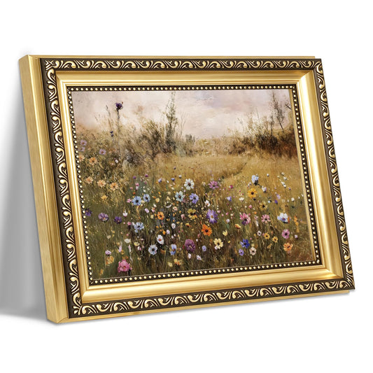 Vintage Wildflower Field Landscape Framed Wall Art Pastel Blooming Flower Meadow Canvas Print Countryside Impasto Oil Painting Rustic Cottagecore for Living Room Bedroom Kitchen Home Office Gallery Wall Decor Gift for Art Lovers Friends New Homeowners 12x