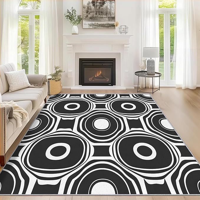Black and White Geometric Rugs for Home Decor, 4x6 ft, Ring Circle Area Rugs for Living Room, Soft Non Slip Washable Modern Abstract Carpet Bedroom Decorations Dt-Ghf-31
