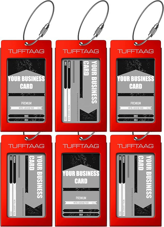 Luggage Tags Business Card Holder - 6 Pack Scarlet Metal Tags for Suitcases, Backpacks, and Carry-Ons