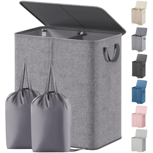 Lifewit Double Laundry Hamper with Lid and Removable Laundry Bags, Large Collapsible 2 Dividers Dirty Clothes Basket with Handles for Bedroom, Laundry Room, Closet, Bathroom, College, 136L Gray