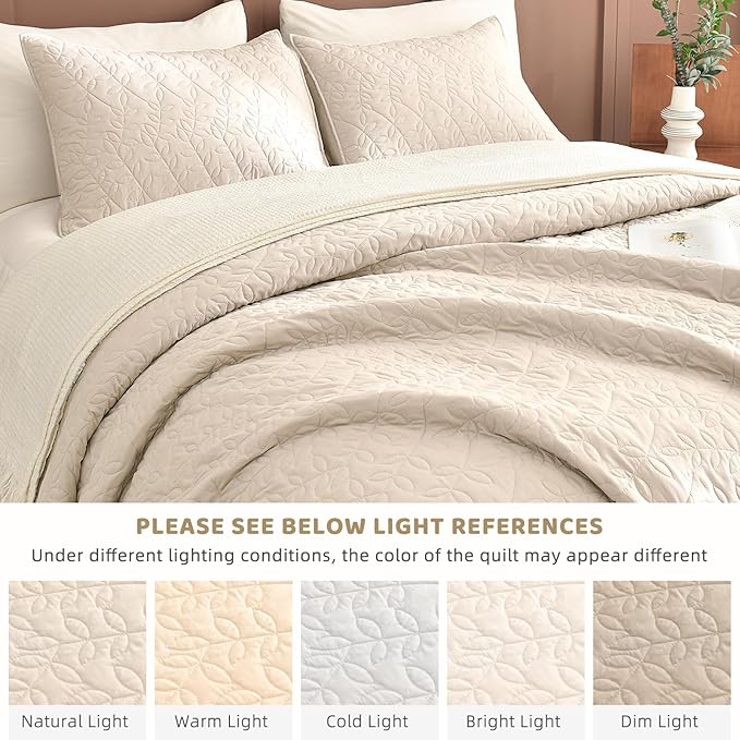 Sanracie California King Quilt Set 128"x 120", Wheat Colored 100% Cotton Oversized King Bedspread Coverlet Set Leaves Quilting 3Pcs Extra Large Wide Quilt Bedding Set for All Season Lightweight Soft