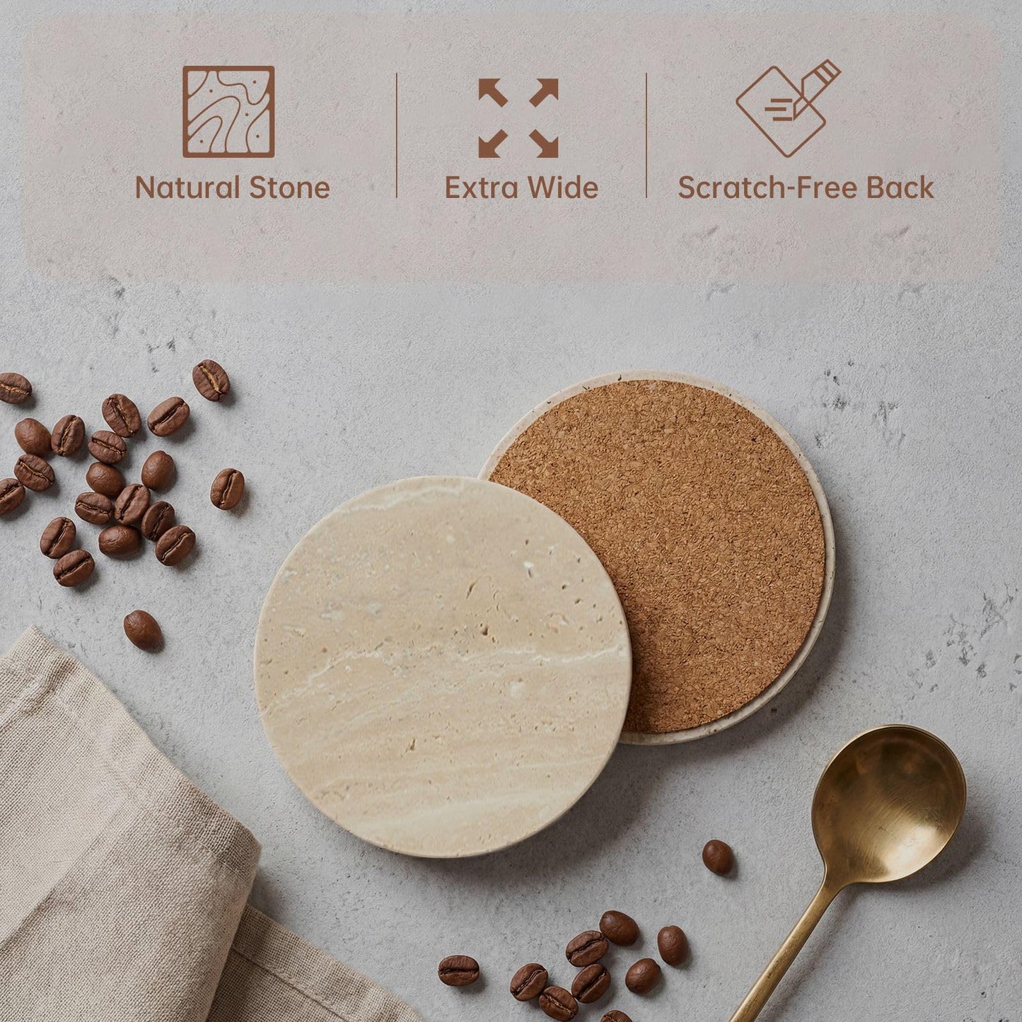 4-Inch Beige Travertine Coasters Set of 4 - Natural Limestone Drink Coasters with Non-Slip Cork Backing, Protect Countertops from Stains and Scratches