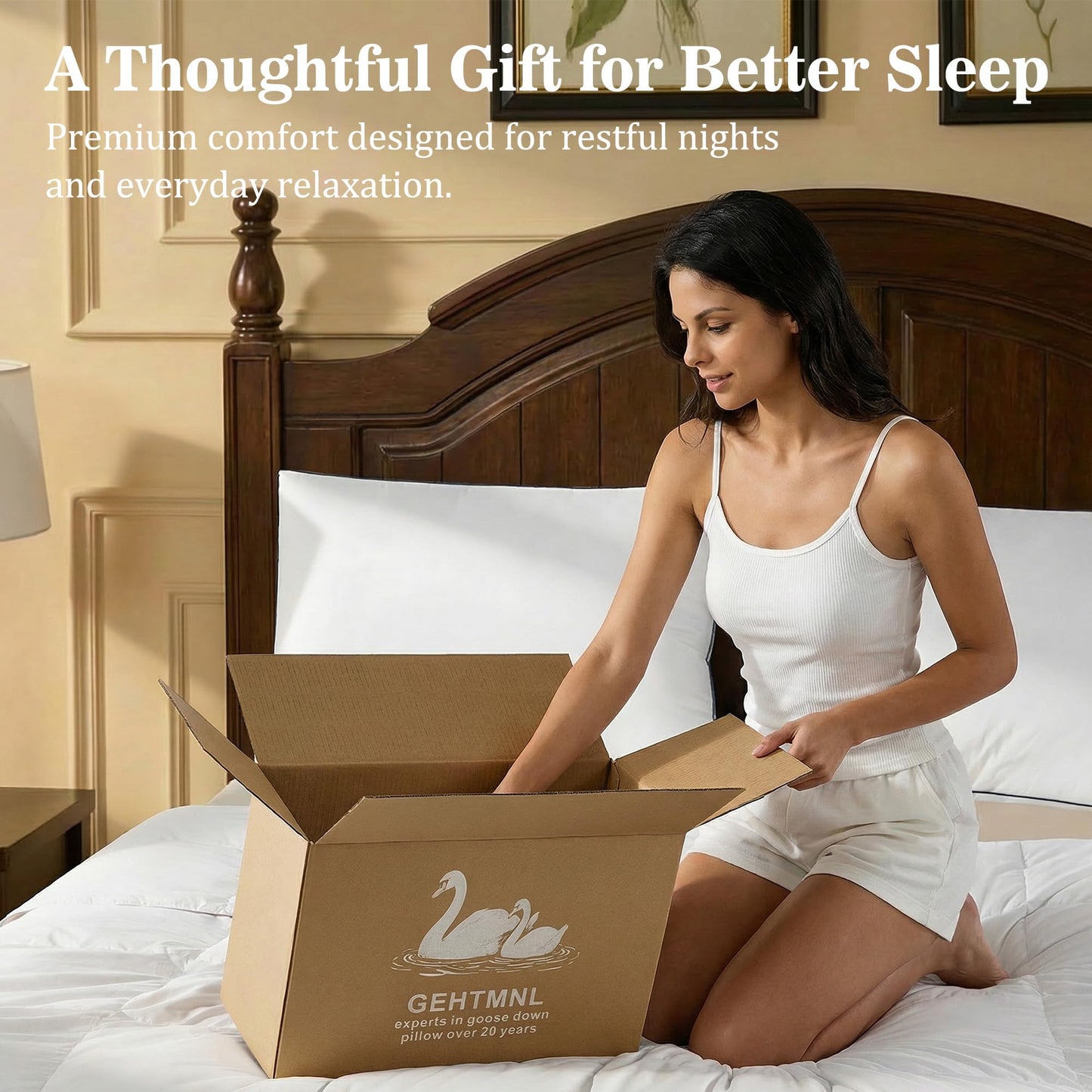Gehtmnl Goose Down Pillows Queen Size Set of 2, Luxury Hotel Collection, 3-Chamber Gusseted Design, 100% Cotton Cover, Fluffy Yet Supportive for Side & Back Sleepers, Neck & Shoulder Support