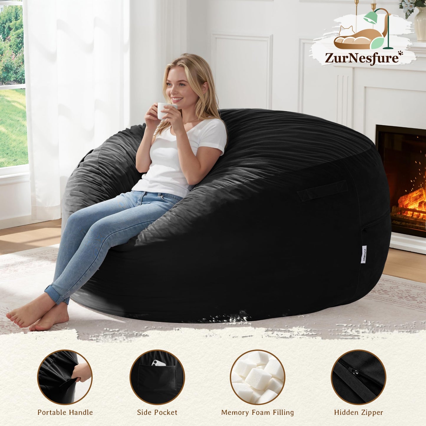 ZurNesfure Bean Bag Chairs for Adults 5FT Large Bean Bag Chair Memory Foam Filled Lazy Sofa with Removable Washable Cover Beanbag for Living Room Bedroom Dorm (Black, X-Large)