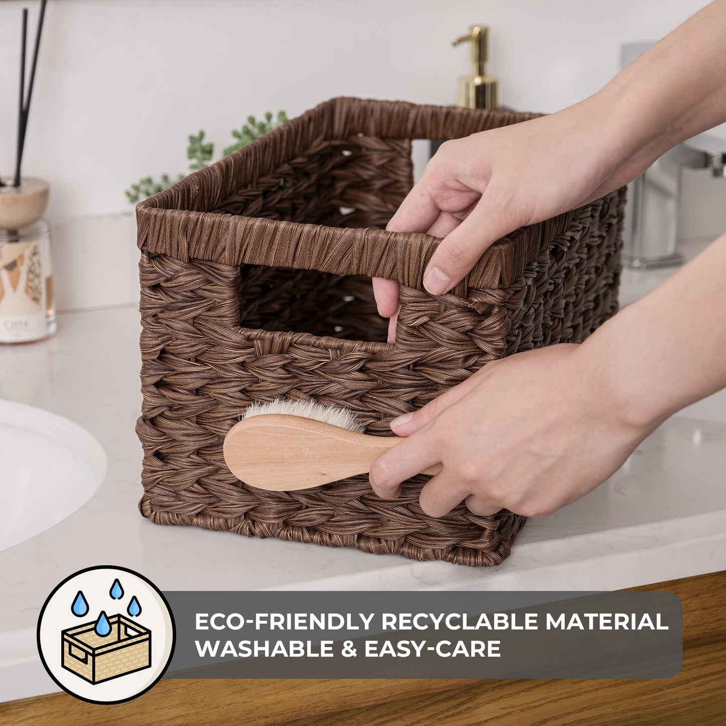 GRANNY SAYS Wicker Storage Baskets for Shelves, Wicker Baskets for Organizing, Waterproof Woven Basket for Pantry, Rectangle Basket for Shelf, Brown, 2-Pack