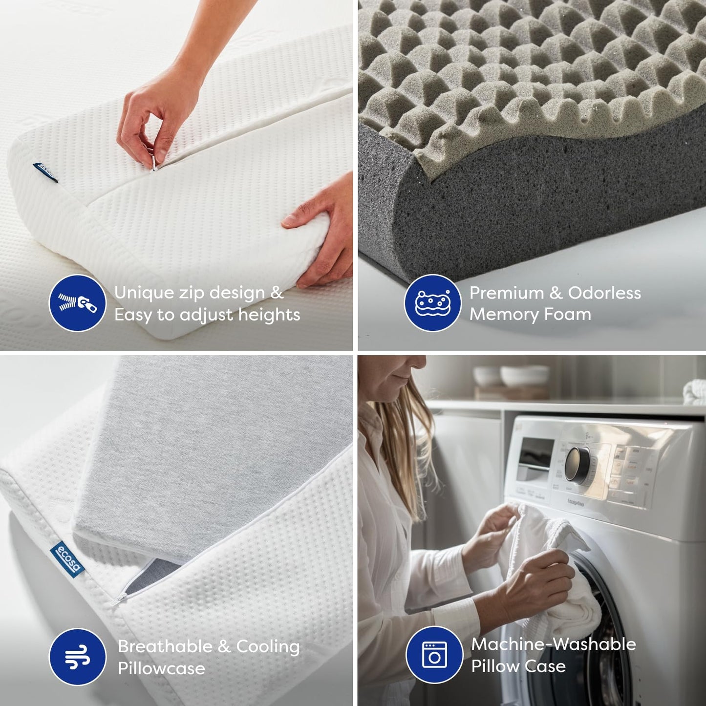 Ecosa® Pillow | Supreme Comfort & Support | #1 Pillow for Comfort | Adjustable Height | Best for All Sleep Positions | Machine Washable Cover | 100 Night Sleep Trial