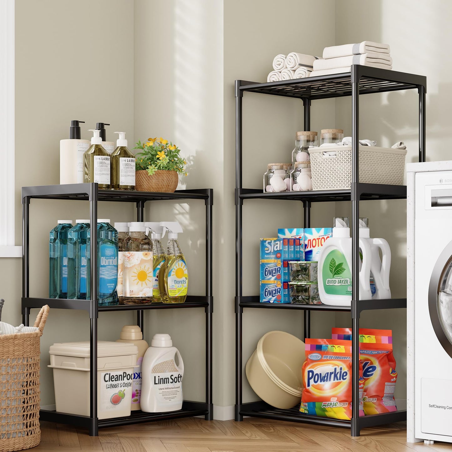 Tujurich 3-Tier Storage Shelves with Plastic Connectors – Metal Shelf Organizer for Pantry, Closet & Bathroom, Space-Saving Sturdy Shelving Unit Rack, Black, 17.3" x 12.8" x 28.9"
