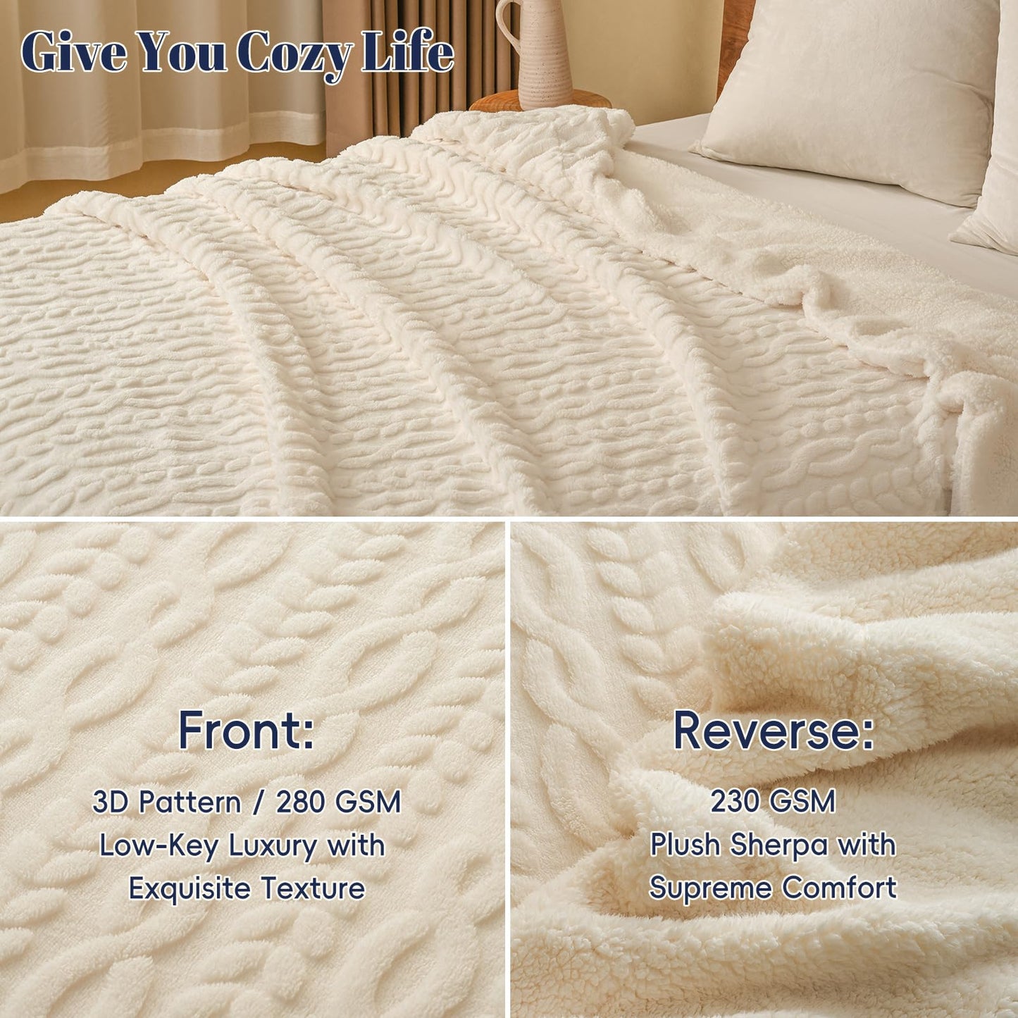 PHF Ultra Soft Sherpa Fleece Blanket Queen Size 90" x 90", 510GSM Fleece Lightweight Yet Warm Blanket for Winter Bed, No Shedding, No Pilling, Tufted Jacquard for Luxury Home Decor, Natural Cream