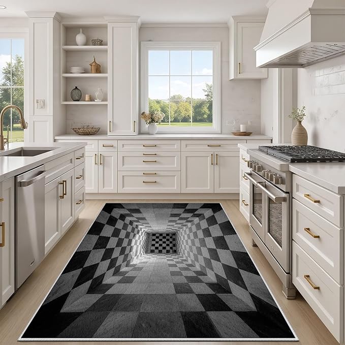 3D Rug 3x5, Plaid Soft Ultra Soft Faux Wool Low Pile Optical Illusion Rug, Indoor Floor Mats Abstract Geometric Carpet, Non-Slip Stain Resistant Washable Rugs, Modern Gray Rugs for Living Room