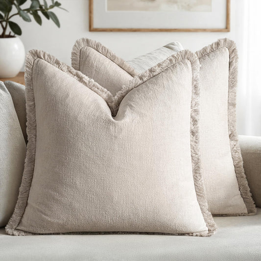 MIULEE Decorative Throw Pillow Covers Neutral Linen Fringe Throw Pillows Set of 2 Natural Beige Boho Farmhouse Cushion Covers with Tassels for Couch Sofa Bed Spring Home Decor 20x20 Inch