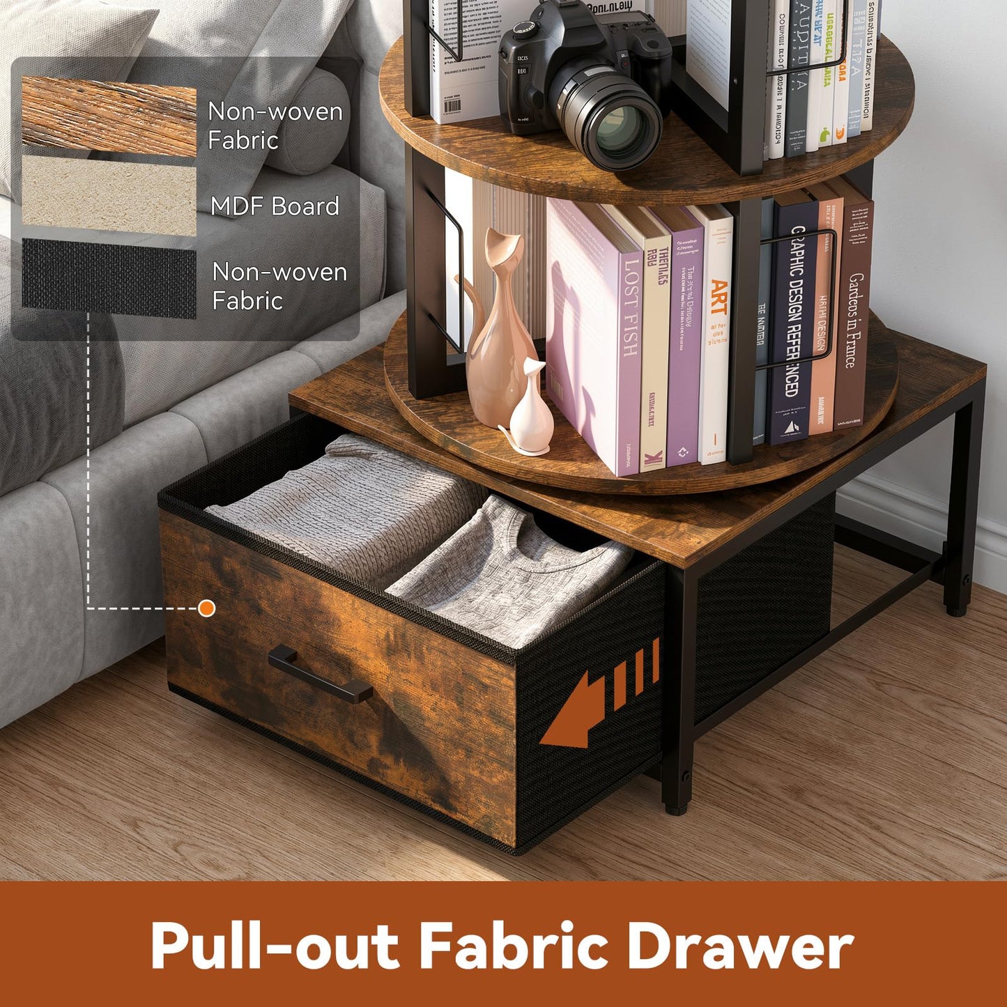 Housolution 5 Tier Rotating Bookshelf Tower, 360° Spinning Book Shelf with Fabric Drawer, Round Revolving Bookcase Organizer, Narrow Swivel Bookshelves Turning Corner Bookshelf for Small Space, Brown