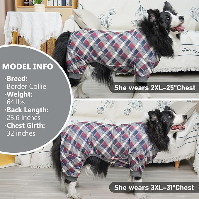 KYEESE Dog Pajamas Medium Sized Dog Stretchy Onesie Velvet Pjs Comfy Coat Soft Pet Clothes Plaid Doggie Jammie, Grey, XX-Large