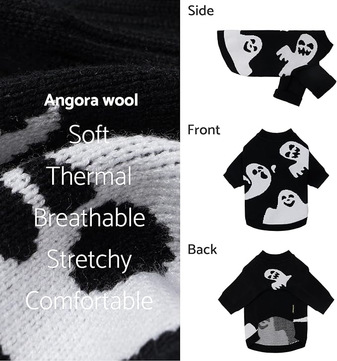 Fitwarm Halloween Ghost Dog Sweater, Funny Costumes for Dogs, Pet Apparel, Black, White, Small