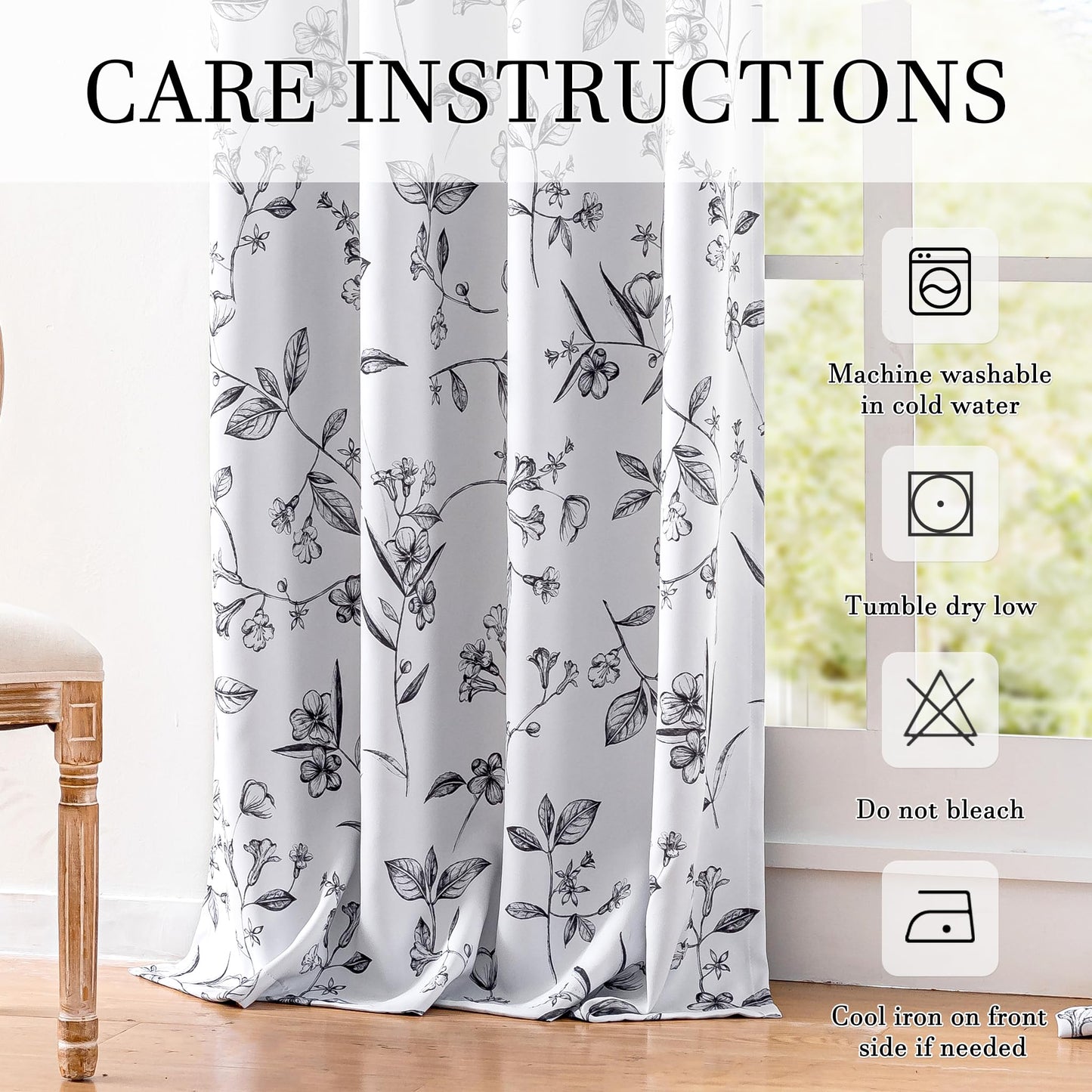 ChrisDowa 100% Blackout Floral Curtains 84 Inches Long 2 Panels for Bedroom Living Room Black Flower Patterned Room Darkening Thermal Insulated Soundproof Grommet Window Treatments Drapes,52X84