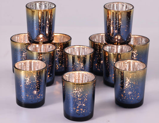 Volens Navy Votive Candle Holders Set of 12, Speckles Mercury Glass Tealight Candle Holder Bulk for Table Wedding Centerpiece, Navy Blue and Gold Themed Party Decorative & Home Decor