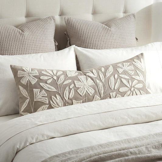 BlissBlush 14x36 Lumbar Pillow Cover for Bed, Taupe Rectangular Long Throw Pillowcase, Embroidered Velvet Floral Tufted Farmhouse Accent Cushion (Cover Only)