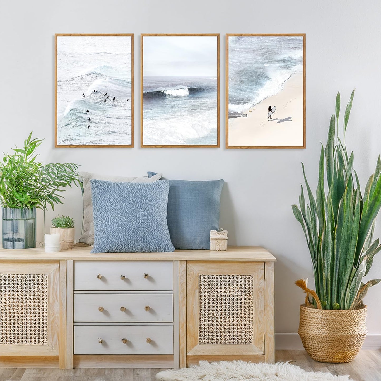 CHDITB Ocean Wave Surf Framed Canvas Wall Art Set Of 3, Minimalist Coastal Wall Decor, Nature Inspired Seascape Wall Painting, Neutral Surfboard Beach Art Prints for office Bedroom Decor (12x16 Inch)