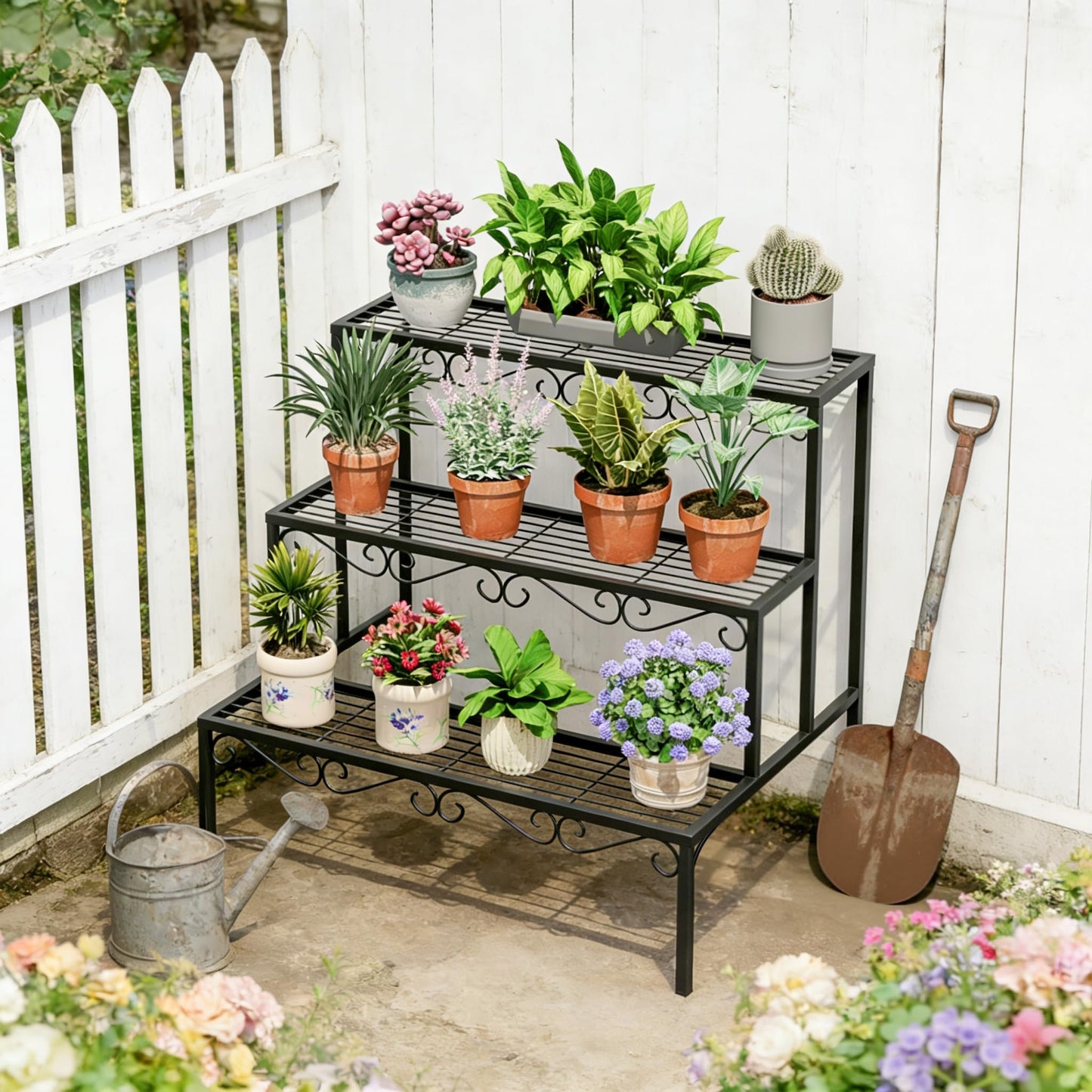 SIMHOMSTOR Plant Pot Stand Shelf, 3 Tier Flower Ladder Display Rack, Metal Succulent Plants Storage Holder for Outdoor and Indoor, Black
