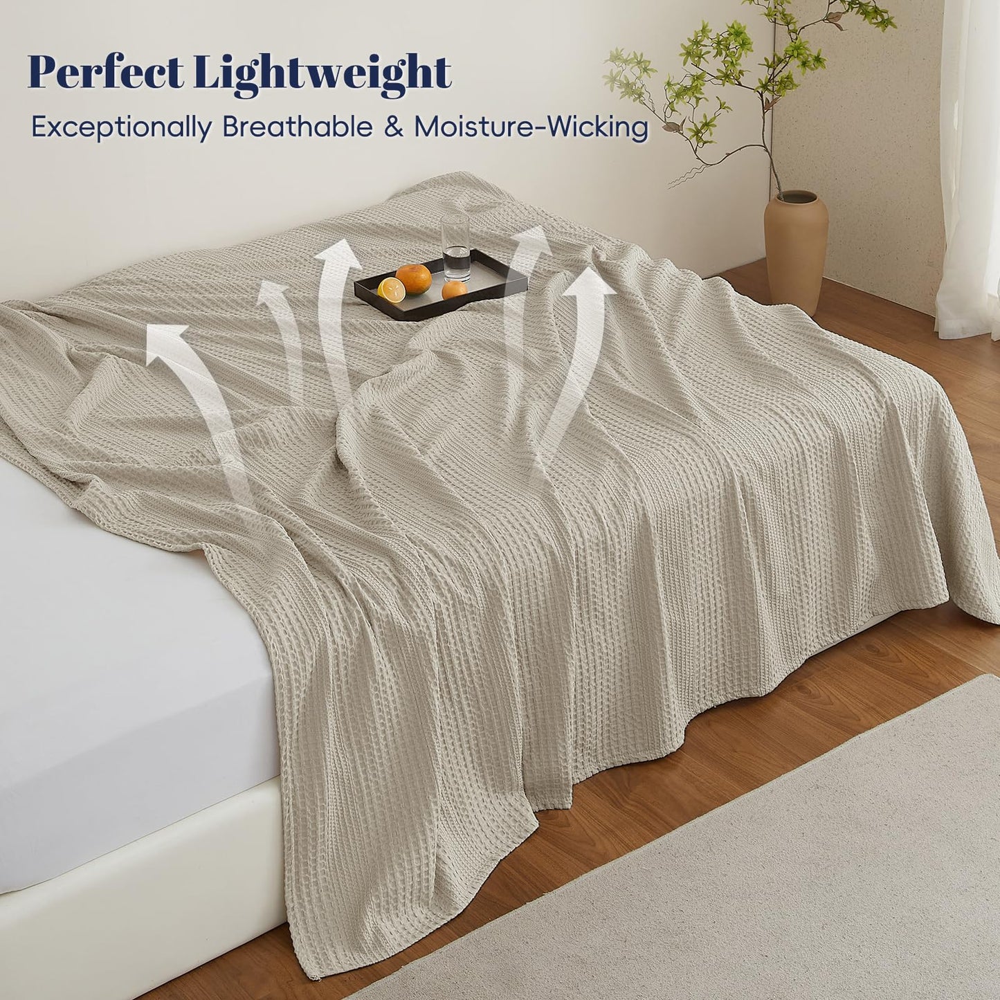 PHF Lightweight Waffle Weave Blanket Twin Size, Breathable & Ultra Soft, 66"x 90" Soft & Cozy Thin Blanket for Spring & Summer & Hot Sleepers, Bed, Home Decor - Light Taupe