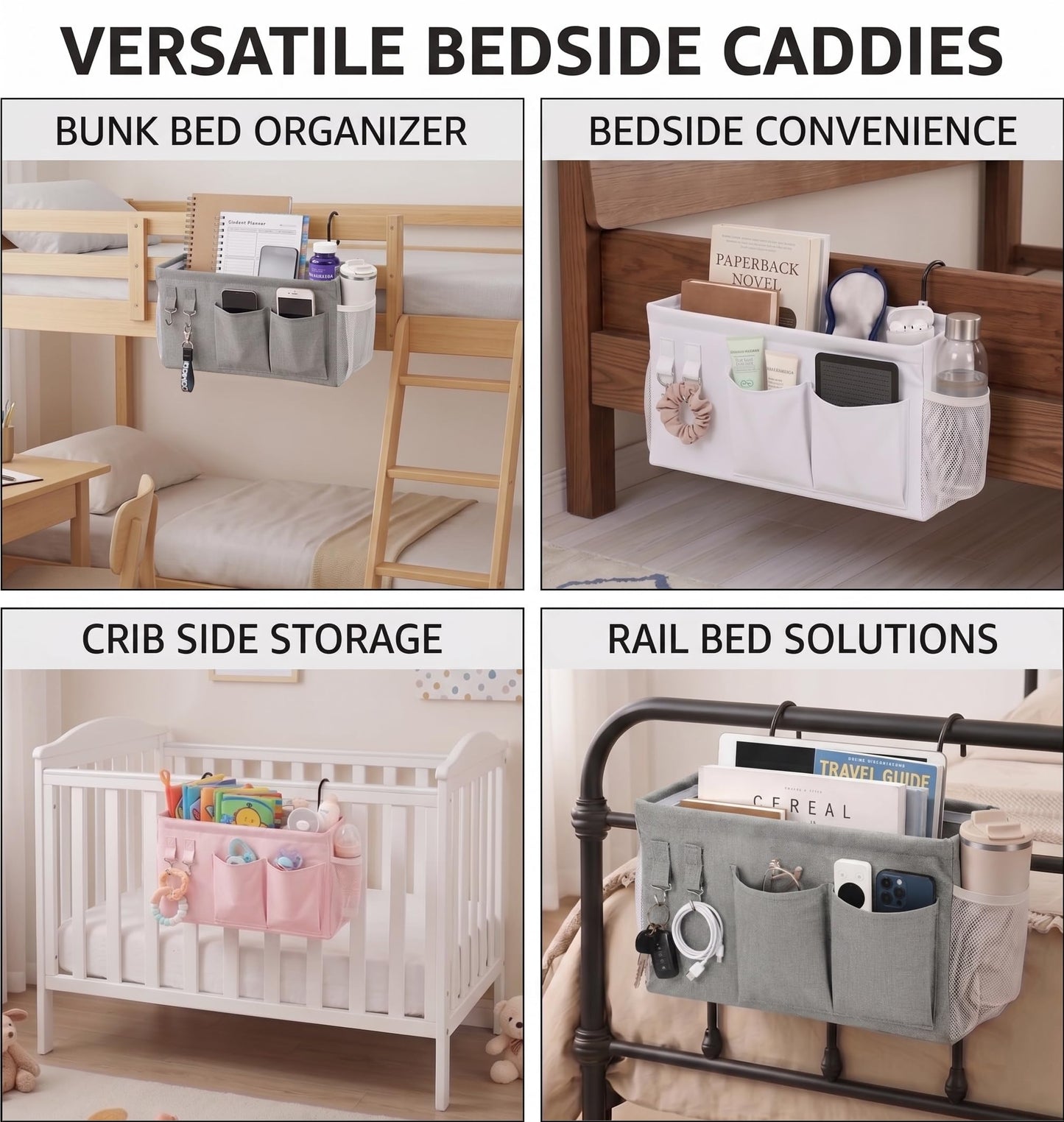 2pc Bedside Caddy Organizer with Hooks, No-Sagging Canvas Hanging Bed Pocket with Water Bottle Holder, Bedside Storage for Dorm Room Essentials, Bunk Bed Accessories, Hospital Bed Rails & Crib (gray)