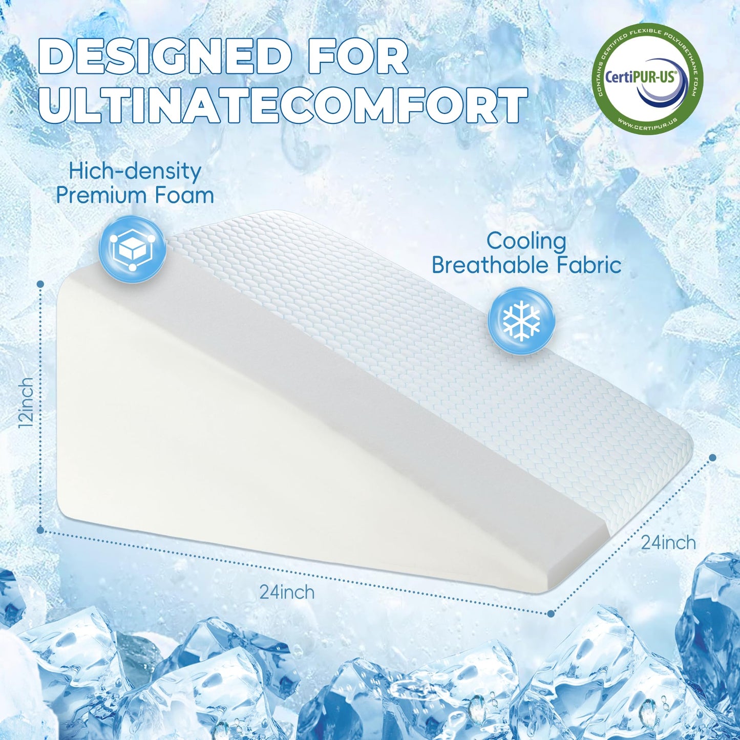 WOLKI Cooling Wedge Pillow for Sleeping - 12 Inch Bed Wedge Pillows for Acid Reflux Relief, After Surgery, Snoring Aid - Bed Wedge Pillow for Headboard - Elevated Triangle Pillow for Back, Leg Support